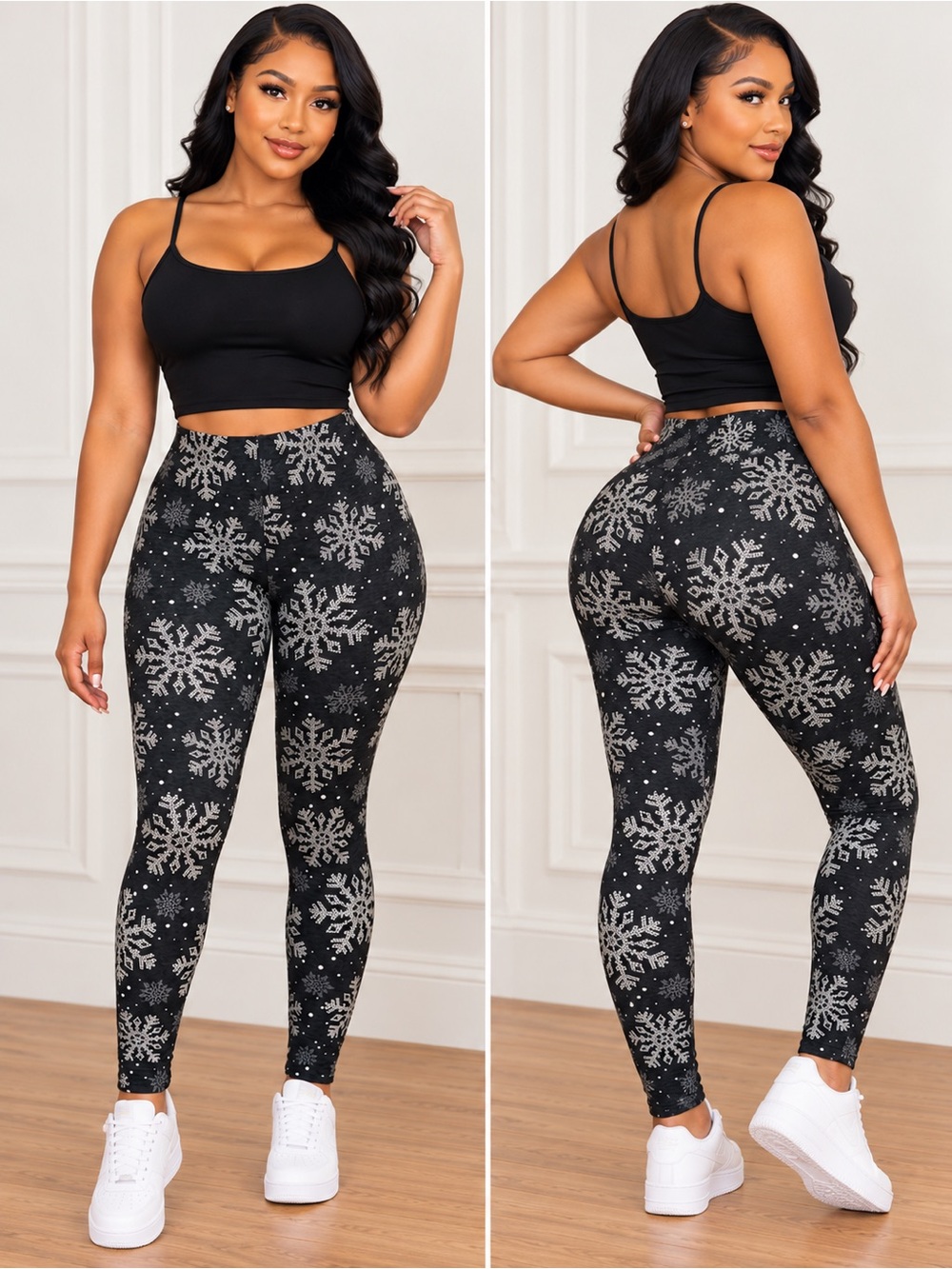 No Boundaries Black Leggings with Silver Snowflake Print